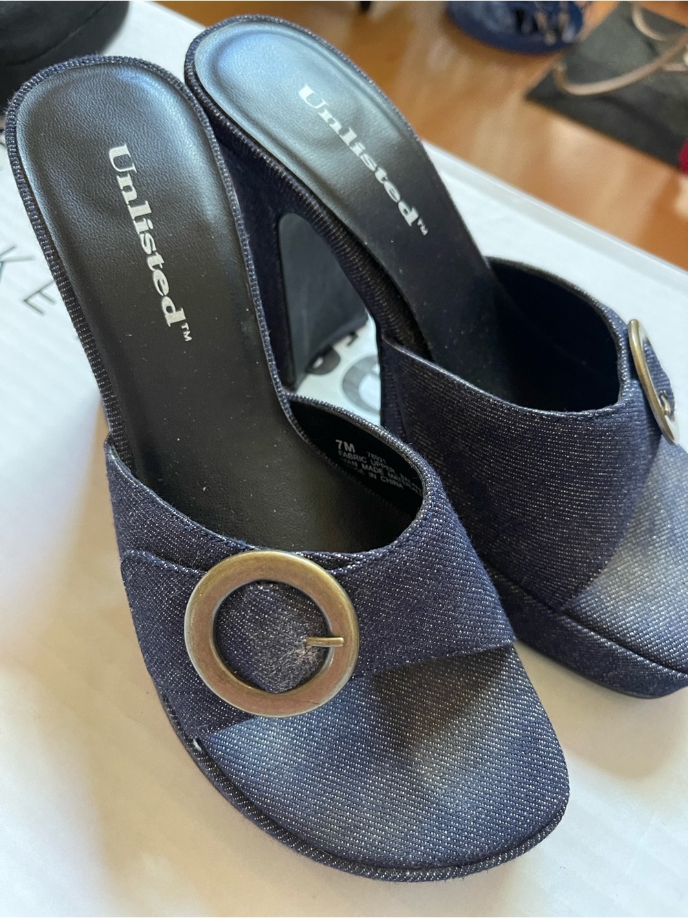 Y2K “~ Unlisted By Kennth Cole Blue Denim Slide Mules with Gold Buckle